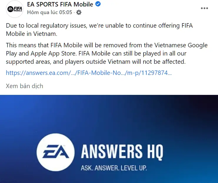 Fanpage FIFA Mobile thông tin EA rút sản phẩm khỏi Việt Nam.