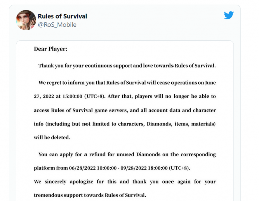 Thông báo đóng cửa game Rules of Survival.