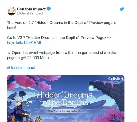 Genshin Impact 2.7 ấn định ngày update.