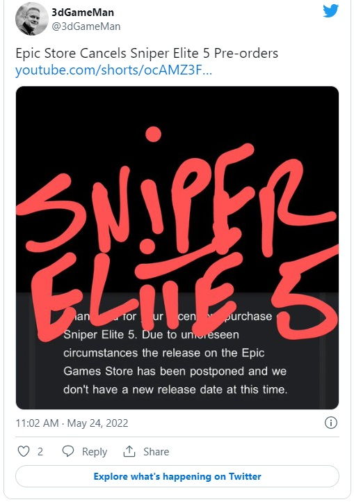 Rebellion cho biết tựa game Sniper Elite 5 đã bị rút khỏi Epic Games Store