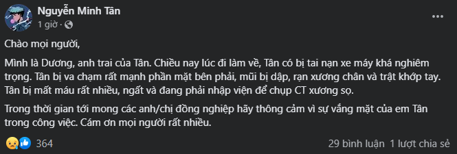 Bài đăng của anh trai BLV Minh Tân thông báo em mình đã bị tai nạn giao thông nghiêm trọng