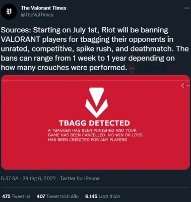 Một nguồn tin của The Valorant Times cho biết quyết định của Riot Games với hành vi "tbag" trong game.