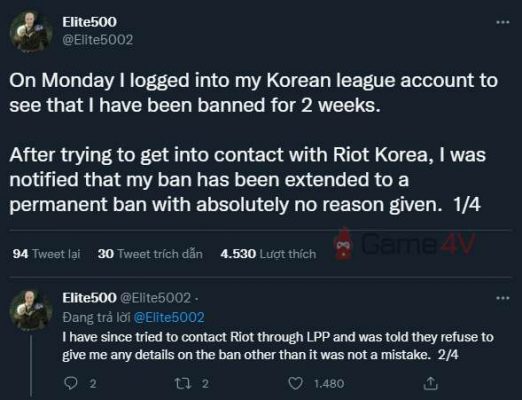 Streamer Elite500 nói về tình huống mình bị khóa tài khoản 2 tuần và gia tăng án phạt thành vĩnh viễn bởi Riot Games.