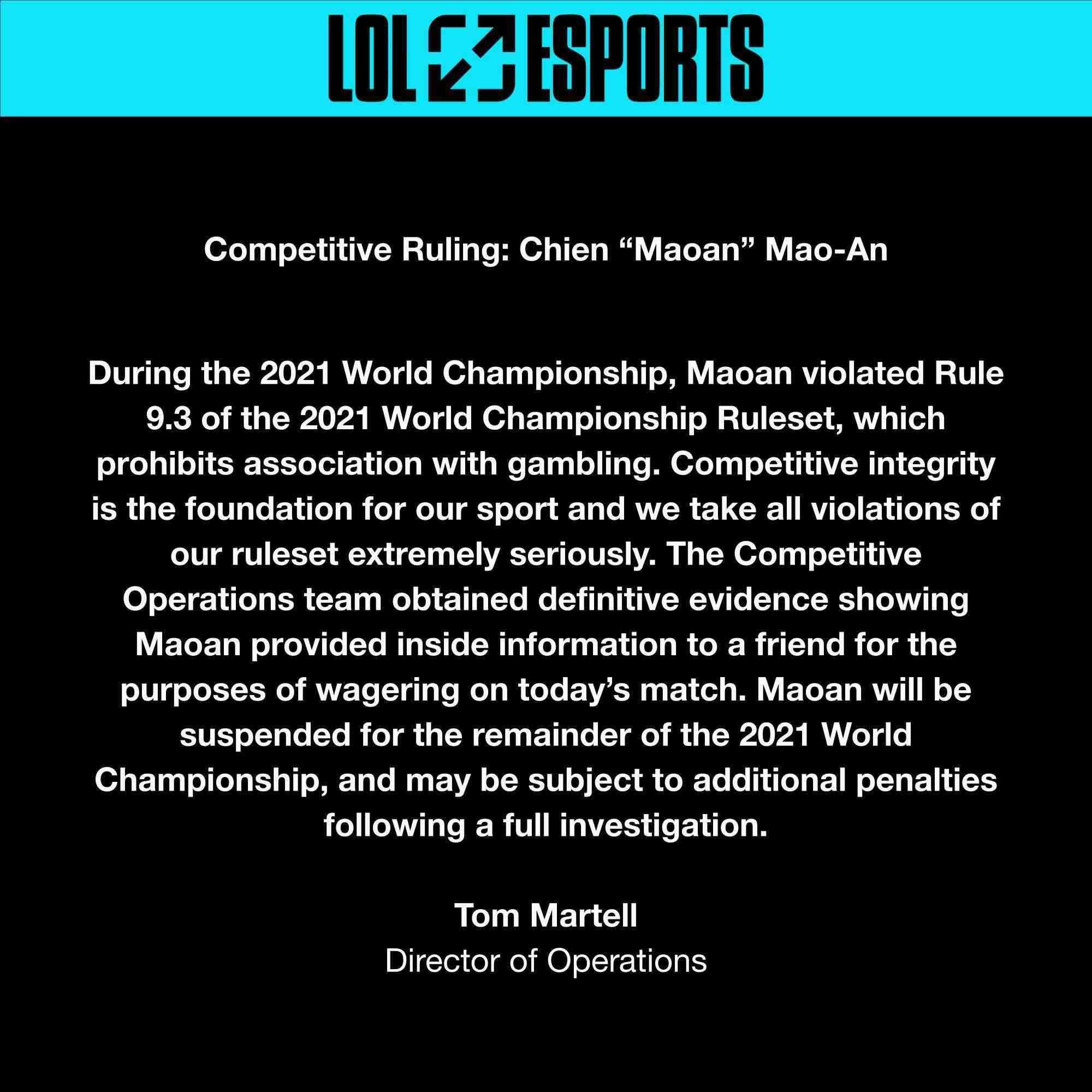 Thông báo từ Riot Games tại CKTG 2022 về hành vi của Maoan.