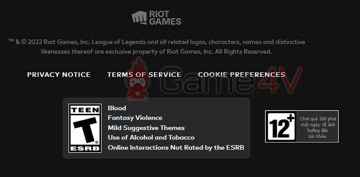 Trang chủ LMHT của Riot Games và Garena gắn mác tựa game này 13+ và 12+.