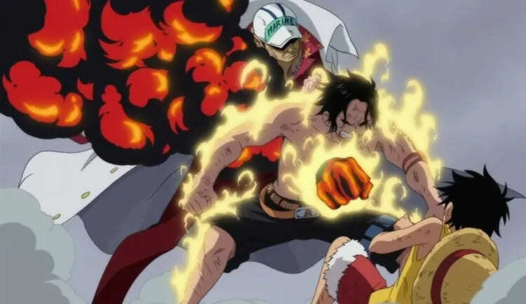Ace xuất hiện để cứu Luffy và bị đâm bởi nắm đấm của Akain