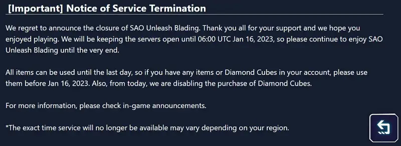 Sword Art Online Unleash Blading đóng cửa vào tháng 01/2023.
