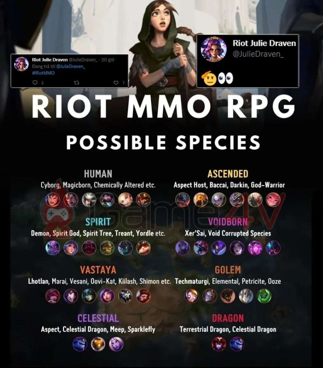 Riot Julie Draven đã chia sẻ bài viết về"những chủng loài có thể xuất hiện trong tựa game MMO RPG của Riot Games".