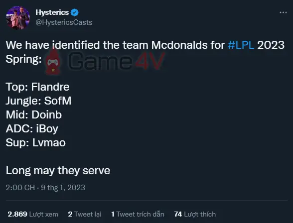 SofM được nhắc tên trong đội hình"Mcdonalds" tại LPL Mùa Xuân 2023.