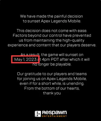 EA thông báo tin sốc Apex Legends Mobile sẽ dừng hoạt động vào tháng 5/2023.