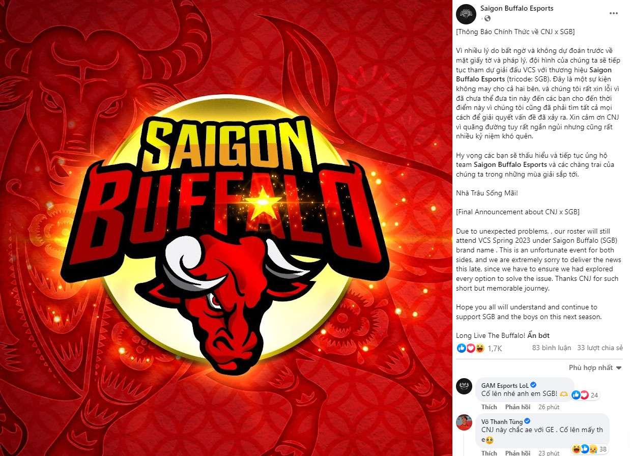 Saigon Buffalo xác nhận việc ký hợp đồng bất thành với CNJ Esports, thương hiệu ‘Bầy Trâu’ comeback VCS