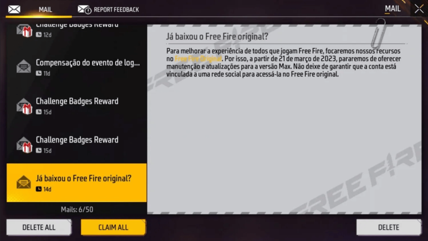 Thông báo của ban điều hành Free Fire MAX Brazil về việc đóng cửa máy chủ.