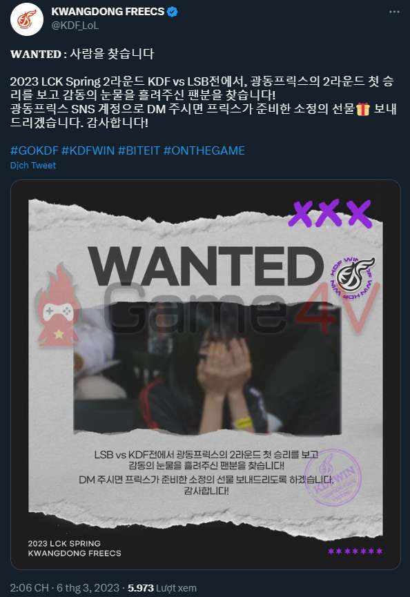 KDF chia sẻ bài viết với thông báo"Wanted" cho nàng fangirl bật khóc trên khán đài.