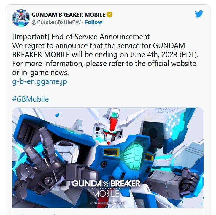 Gundam Breaker Mobile tuyên bố đóng cửa.