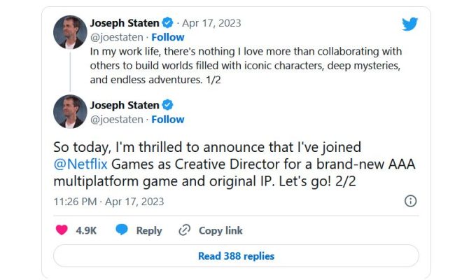 Joseph Staten gia nhập Netflix Games.