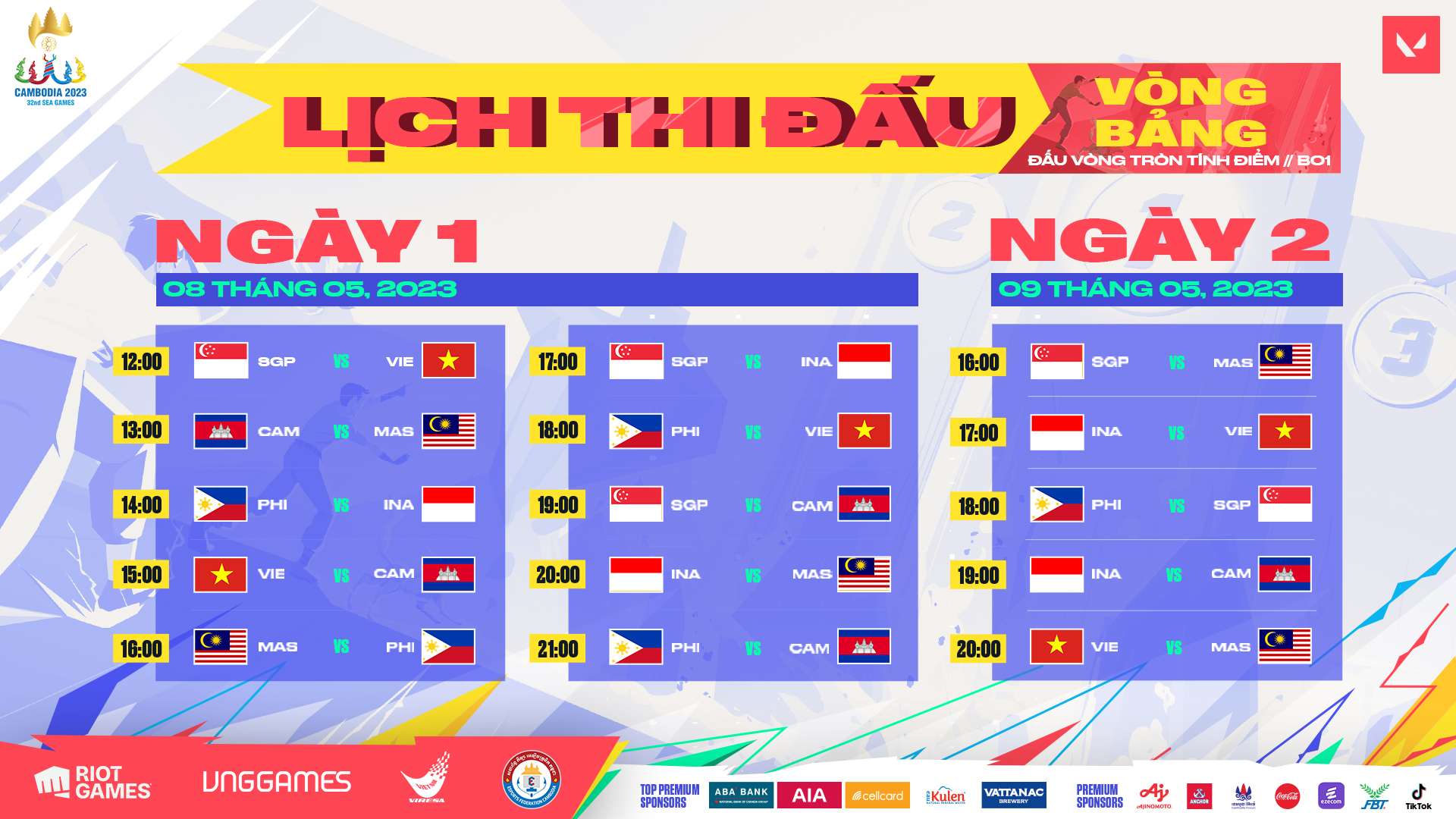 Lịch thi đấu Vòng Bảng bộ môn Valorant tại SEA Games 32.