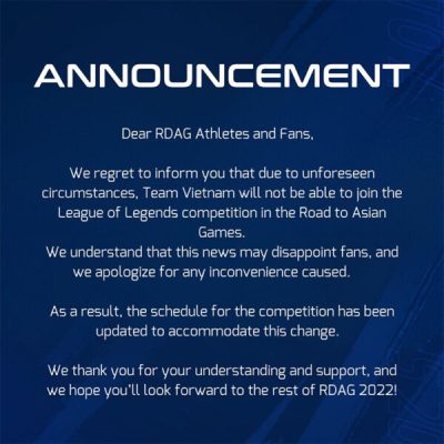 Đội tuyển LMHT Việt Nam bị xử thua vì không thể tham dự Road to ASIAN Games 2022