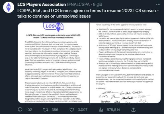 LCSPA cho biết đã cùng Riot và các team LCS đi đến một thỏa thuận để bắt đầu giải đấu vào ngày 14/06 sắp tới.