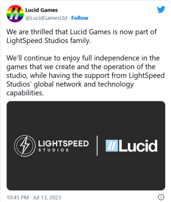 Lucid Games thông báo việc đã được phía Lightspeed mua lại.