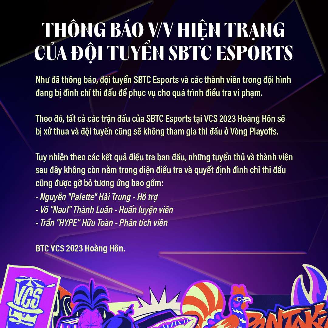 SBTC Esports chính thức bị BTC VCS Hoàng Hôn thanh trừng, Palette là tuyển thủ duy nhất ‘trong sạch’