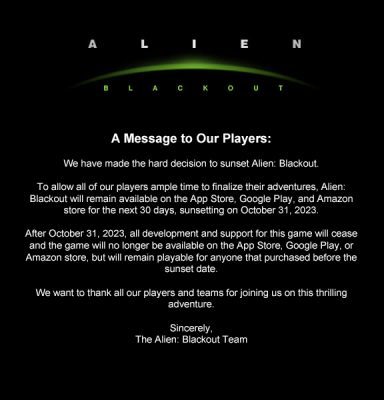 Thông báo từ NPH việc xoá game Alien: Blackout. Ảnh: 505 Go.