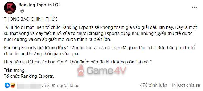 Ranking Esports thông báo về lý do không thể tham gia giành suất thi đấu ở Vòng Thăng Hạng VCS 2024.